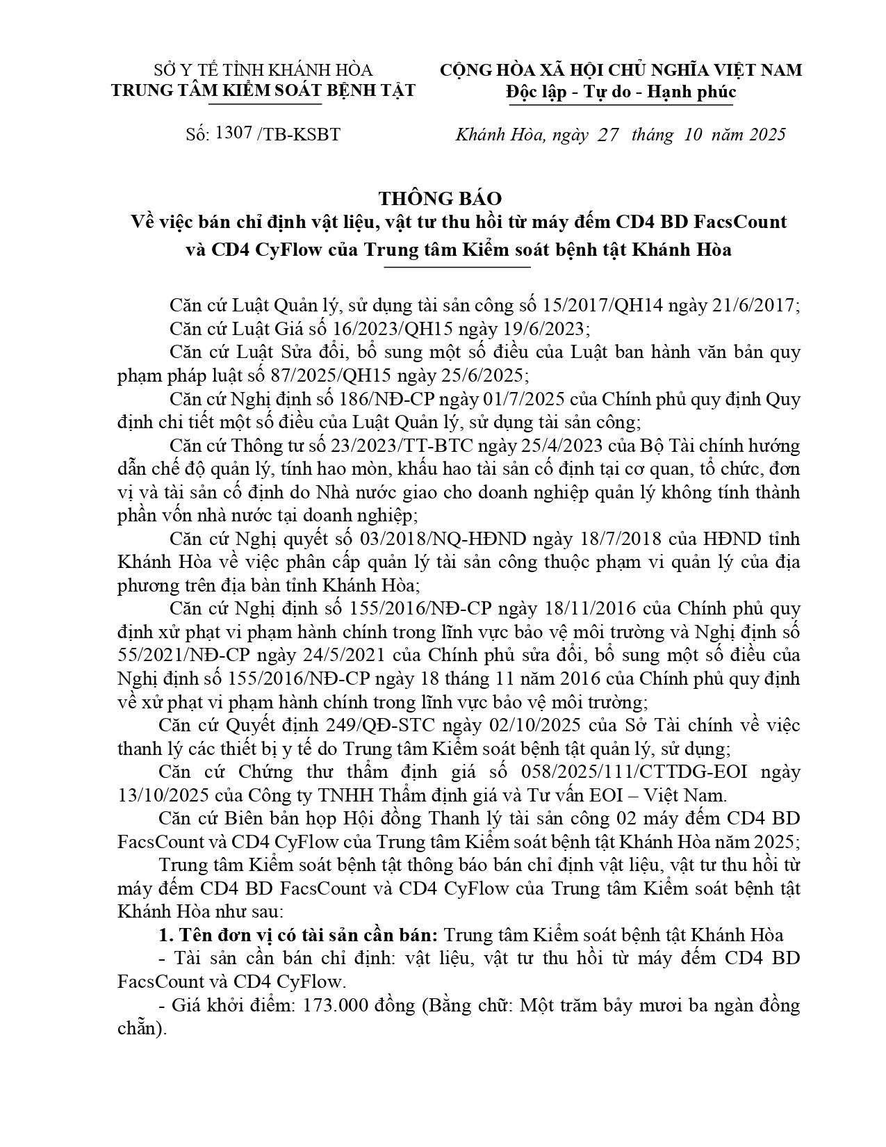 Về việc bán chỉ định vật liệu, vật tư thu hồi từ máy đếm CD4 BD FacsCount và CD4 CyFlow của Trung tâm Kiểm soát bệnh tật Khánh Hòa